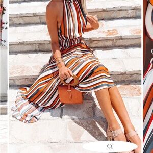 Vici Striped Halter Midi Dress in Orange, White, Black and Brown